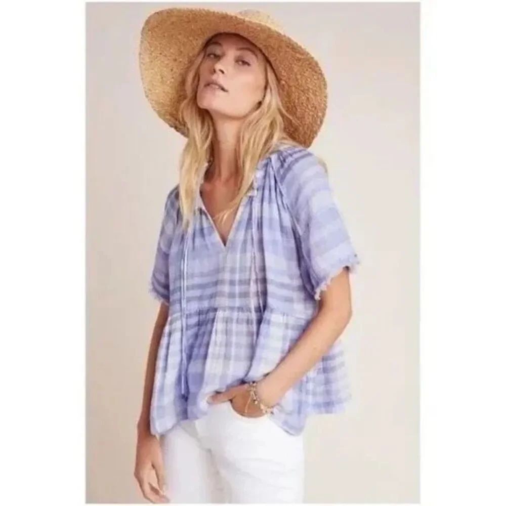 ✨Anthropologie Pilcro Casual Blouse Bette Plaid Babydoll Sz L Blouse Lavender ✨